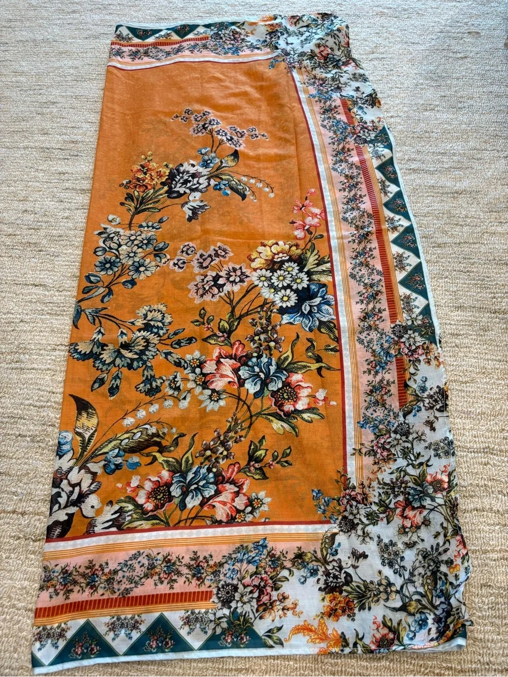 Agua Bendita Orange Floral Silk-Blend Scarf with Blue & Green Accents